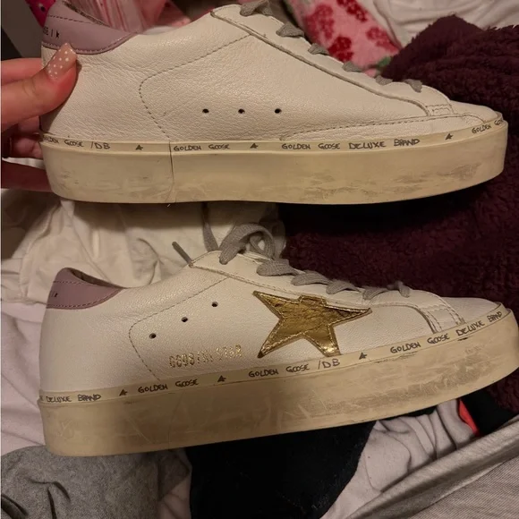 Golden Goose White Leather Sneakers with Gold Star and Pink Heel - Picture 3 of 6